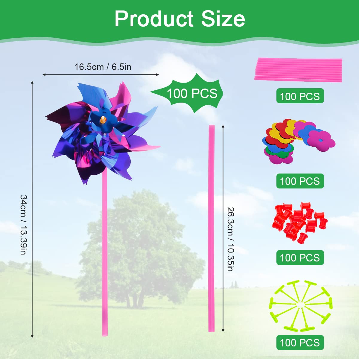 QINERSAW 100 Pezzi Girandole Colorate Girandole in Plastica Arcobaleno Girandole da Giardino Girandole Bambini per Prato da Giardino, Fai da te, per Feste di Bambini