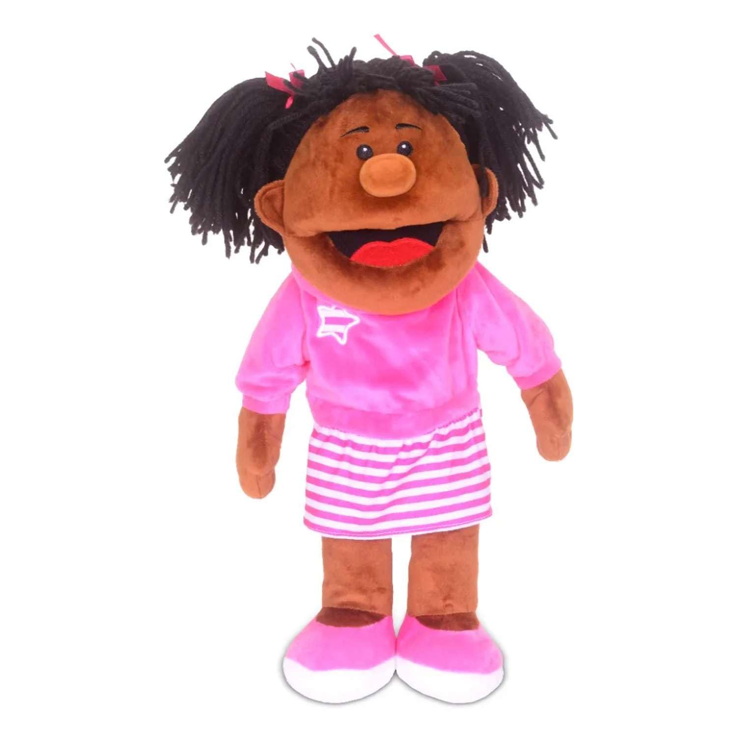 Fiesta Crafts Girl (dark skin) hand puppet Hand Puppet for Kids - Soft & Interactive hand puppet Toy with Moving Mouth & Arms for Role Play, Creativity & Sensory Skills — image 1
