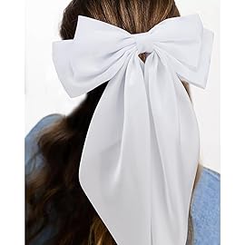 VELSCRUN Hair Bows for Women, 3Pcs Natural White Hair Clips, Big Hair Bows in Silky Satin, Oversized Long Tail Hair Barrettes, Hair Accessories, Christmas Gifts