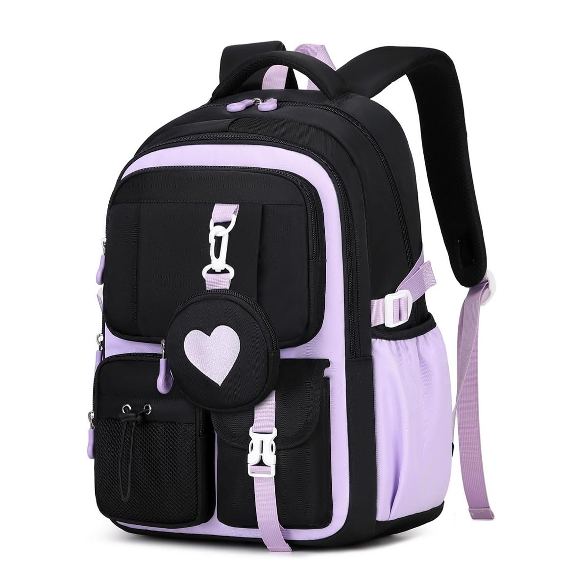 School Bag for Girls Black Purple Canvas Backpack Large Capacity Multi-pockets Daypack with Heart Coin Purse Waterproof Bookbag for Primary, Elementary, Middle School-image-7