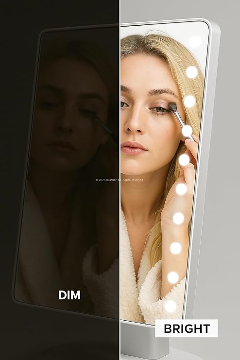 Busstier Led Lighted Makeup Mirror Touch Table Top Mirror with Adjustable Playing Head with 3 Light Modes White Light Daylight Warm Light