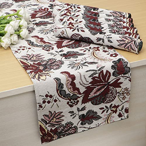 Image of HOKIPO Cotton Jacquard 6 Placemats with Runner for Dining Table 6 Seater (IN530-D4*6+IN532), Large, white spring flower