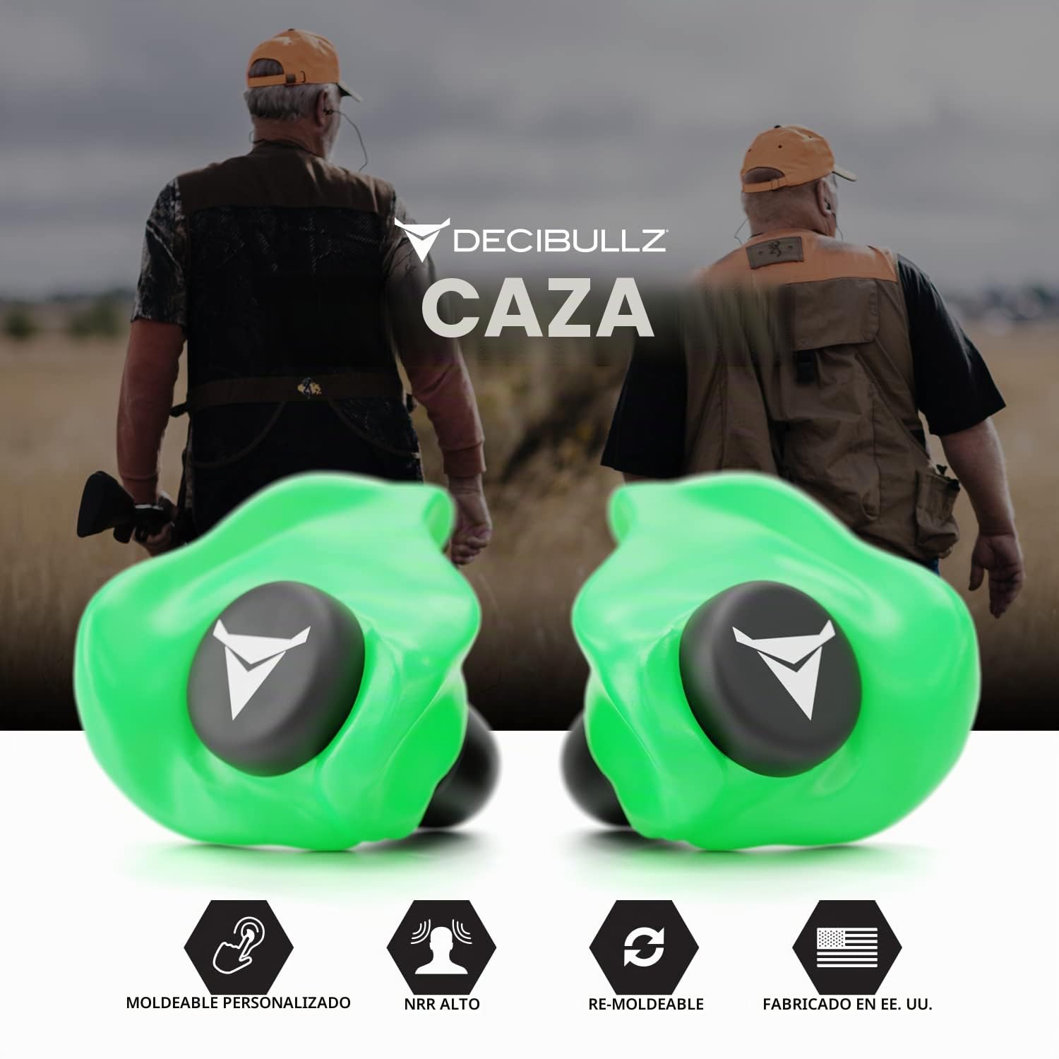Decibullz - Tapones para los oídos moldeados a medida, 31 dB más alto, cómodo protección auditiva para disparos, viajes, trabajo y conciertos (verde)