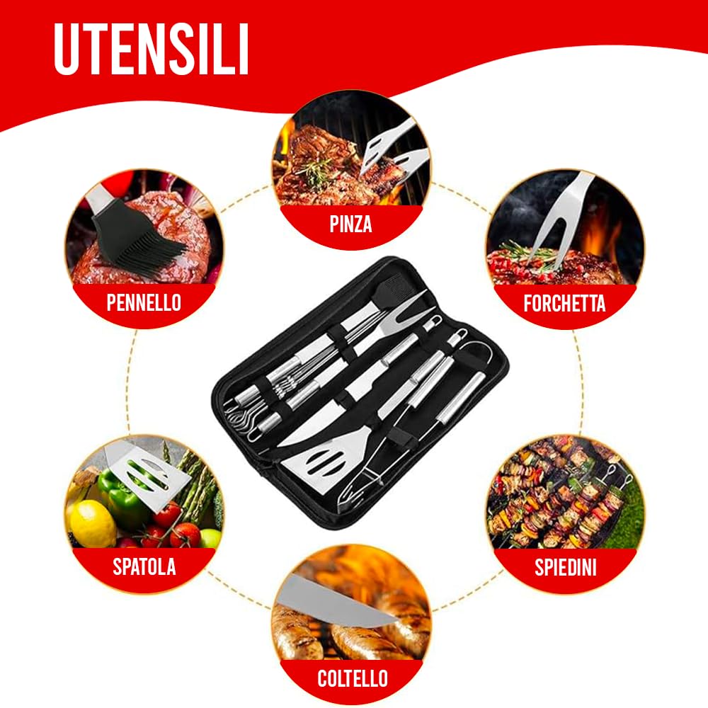 Set 9 Pezzi Utensili Barbecue Professionali in Acciaio Inox | Kit Accessori BBQ Completo, Con Custodia, Per Griglia, Camino, Forno, Grigliate da Giardino