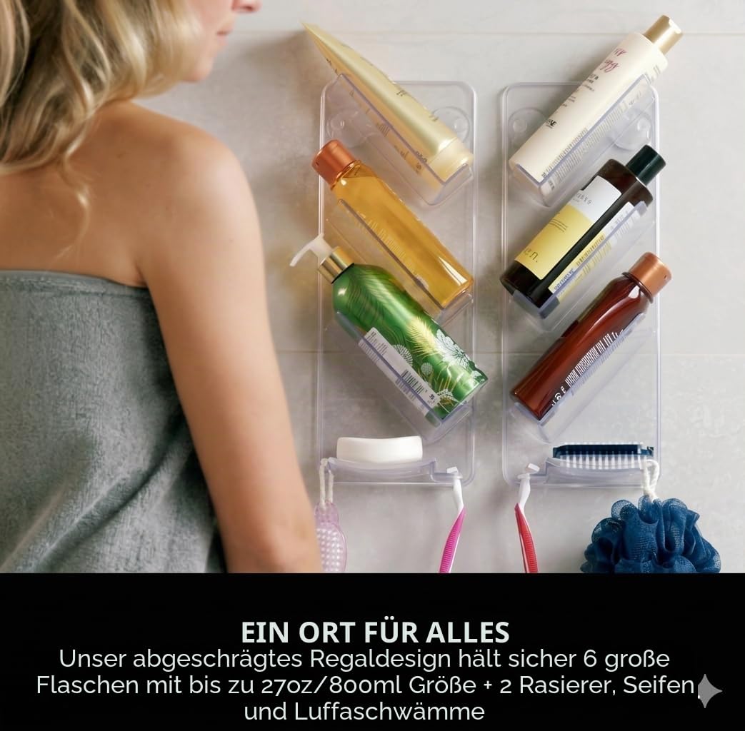 ShowerGem Acryl-Duschablage | 2er-Pack | Keine Saugnäpfe | Wandmontage mit ShowerGem-Kleber | Abnehmbar ohne Beschädigung | Leicht zu reinigender Bad-Organizer | Verstellbares Duschregal |