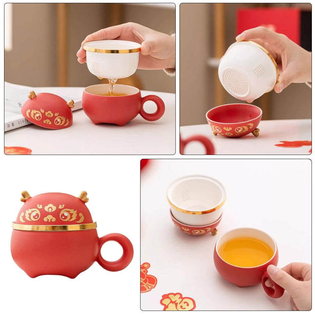 STOBAZA Tazza da Tè in Ceramica 140ml Filtro, Coperchio Rosso