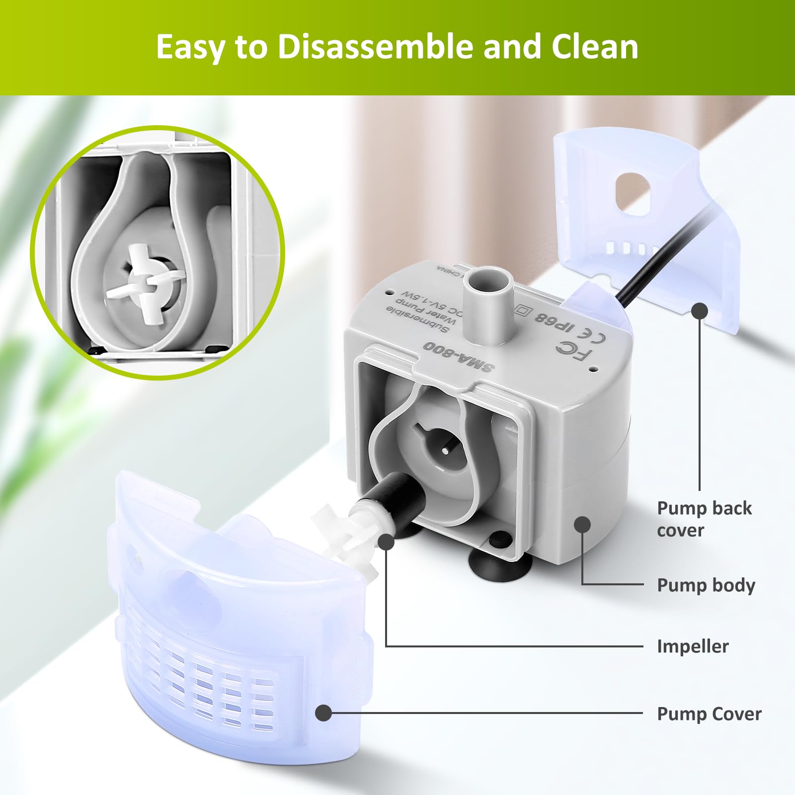 Bomba de fuente de agua para gatos, bomba de repuesto DR-DC para dispensador de agua de mascotas de acero inoxidable, bomba de fuente ultra silenciosa para mascotas, motor sumergible IP68 SMA