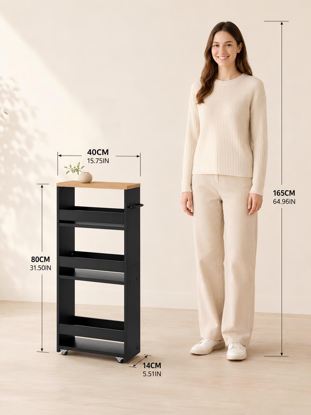 estantería Vertical Negra Estrecha con Ruedas 1 Unidad 80x40x14cm | Estantería vertical de 3 niveles para espacios reducidos con almacenamiento práctico y acceso fácil a objetos diarios