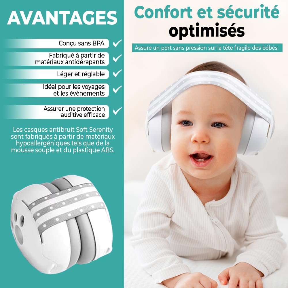Casque Anti Bruit Bébé 2-en-1 avec Étui de Transport, Protection Auditive pour Bébés, Casque Avion Bébés et Enfants jusqu'à 4 ans, Parfait pour Sommeil, Voyages et Festivals, Certifié CE