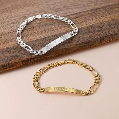 Thoyas Personalized Men's Id Bracelet 18K Gold Plated Sterling Silver Figaro Chain 5Mm Custom Id Name Bracelets For Men Women Birthday Christmas Fathers Day Jewelry Gift For Him Boyfriend Dad #TOP1