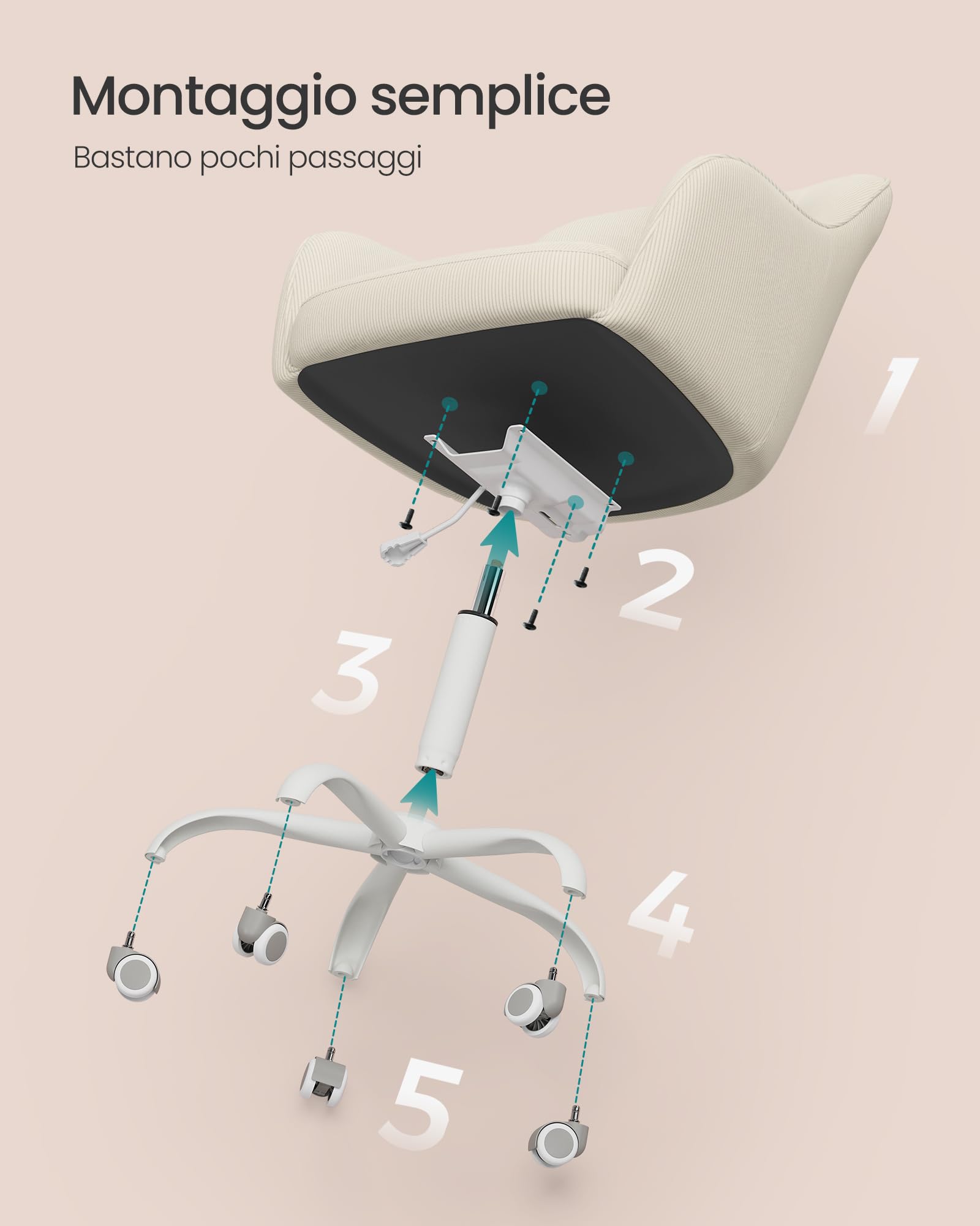 SONGMICS Sedia da Ufficio, Sedia Girevole, Regolabile in Altezza, Portante 110 kg, Struttura Acciaio, Tessuto di Velluto a Coste, Studio, Camera da Letto, Beige Sabbia OBG019LZ01