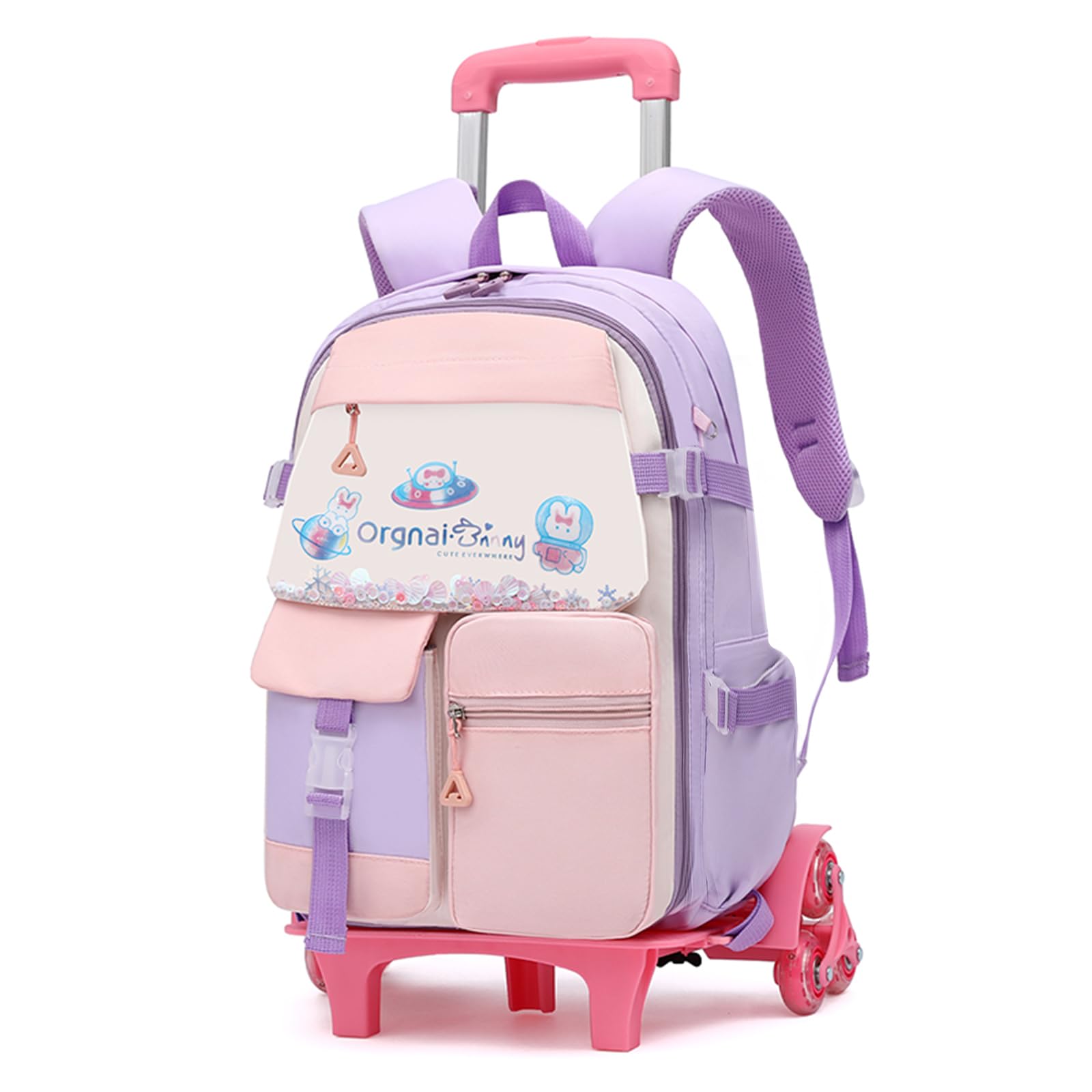 IvyH Mochila Ruedas Niña, 16 Pulgadas Moda Mochila Trolley Infantil de 6 Ruedas, Mochilas con Carro para Niña de 7 a 12 años, Carro Desmontable