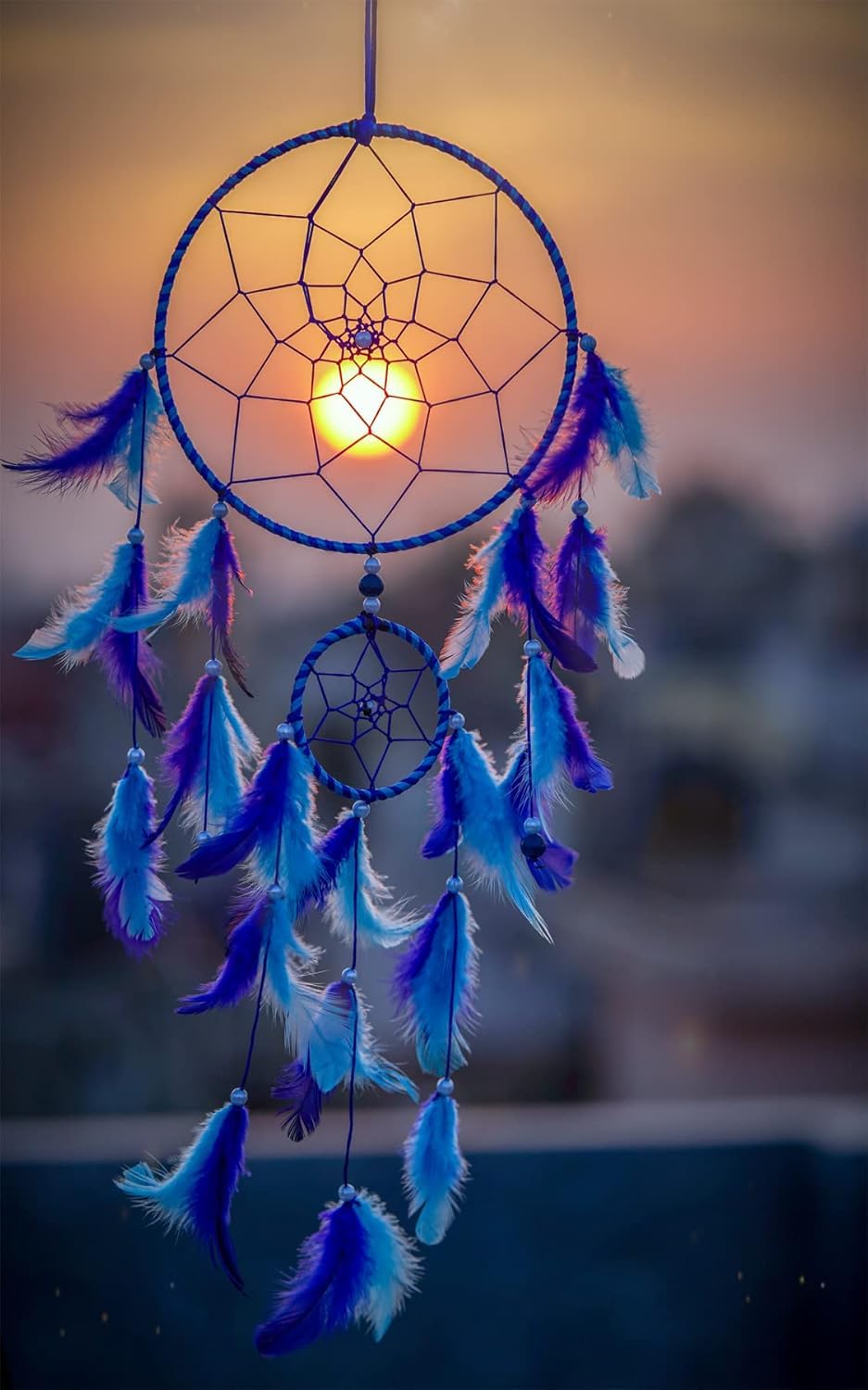 Dream Catcher with Feathers, Blue and Purple, Handmade Wall Hanging Decor, Boho Style (Blue & LightBlue Feathers)-image-13