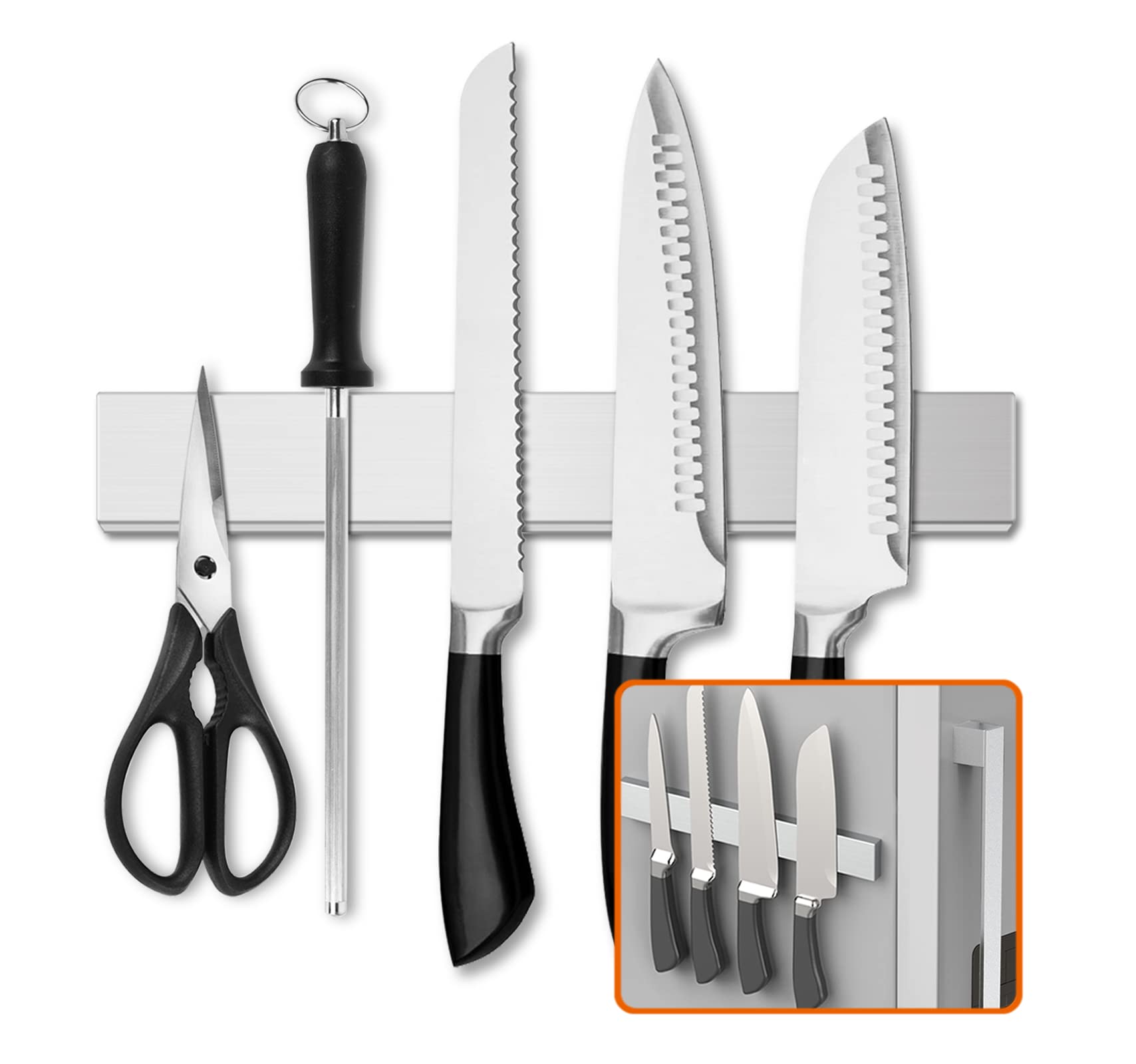 LERJU Fridge Applicable 12 Inch Double Sided Magnetic Knife Holder - Stainless Steel Knife Strip with Powerful Magnetic Pull Force - Use as Kitchen Knife Holder, Knife Rack & Tool Holder - Silver