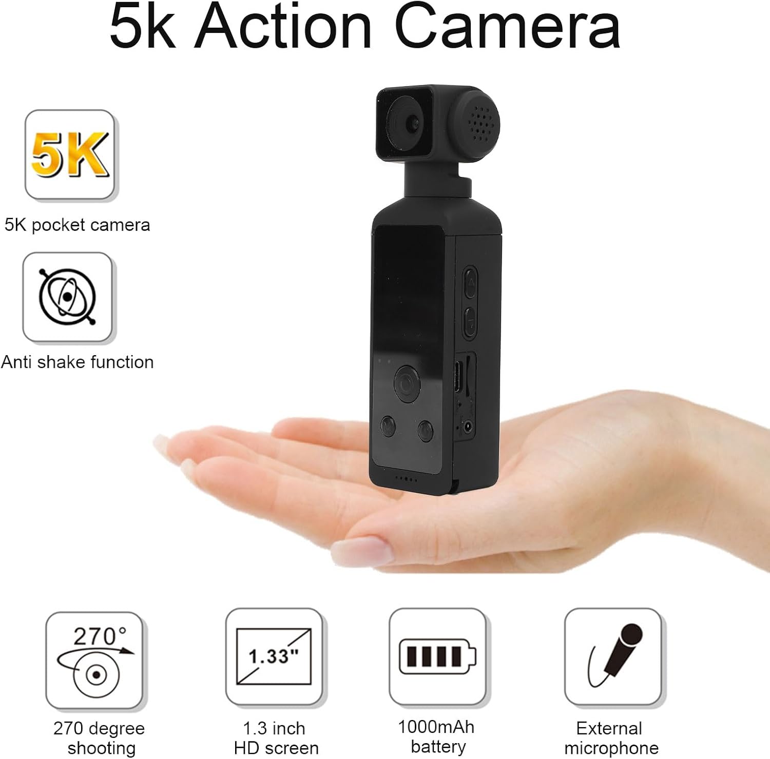 Gugxiom 1.3 Inch Handheld Action Camera, 5K 30FPS 270° Rotatable HD Action Camera, Camcorder with Microphone for Outdoor Riding Diving