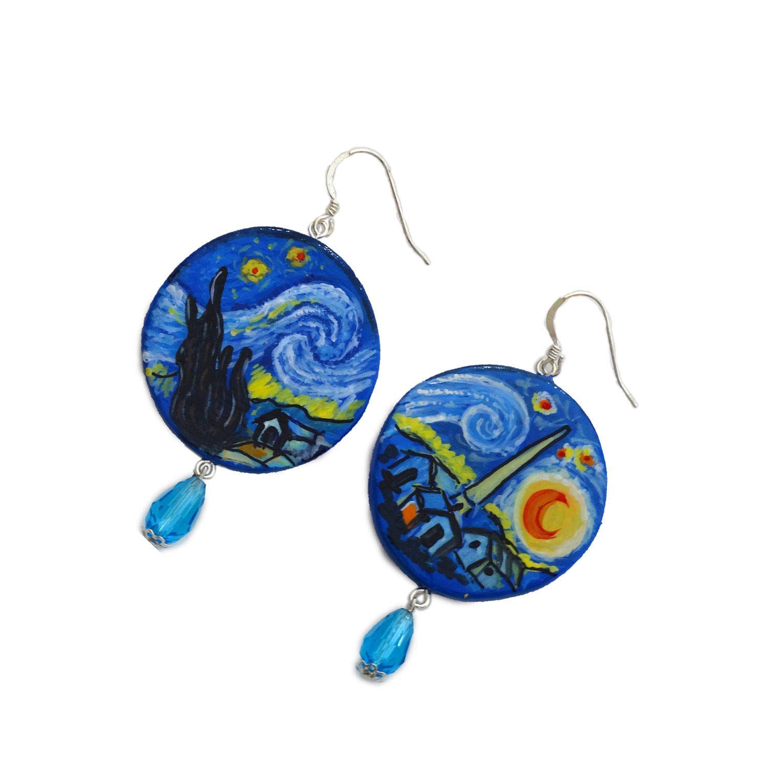 Pendientes de cerámica pintados a mano LA NOCHE ESTRELLADA - Pendientes colgantes mujer joyas cerámica pintada gancho plata Made in Italy