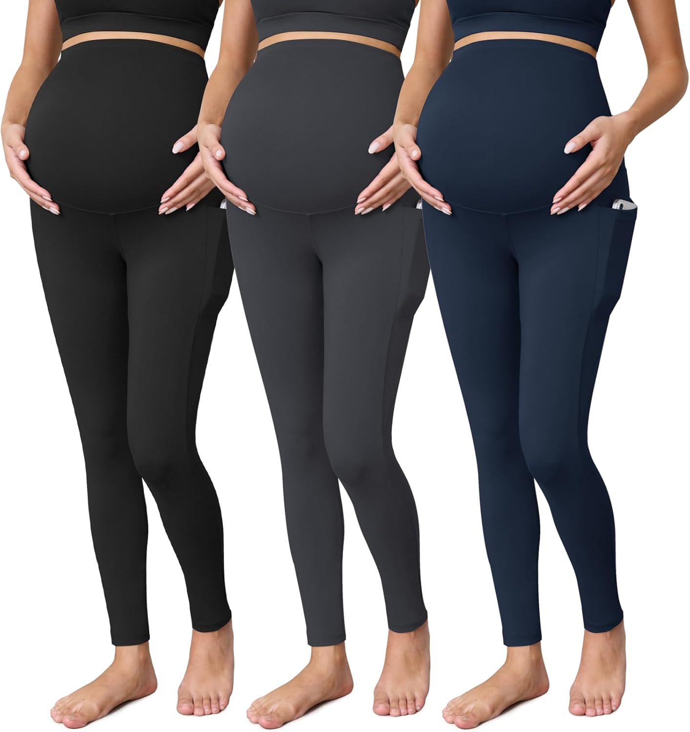 Buttergene 3 Pack Women's Maternity Leggings with Pockets Over The Belly Maternity Yoga Pants Pregnancy Leggings