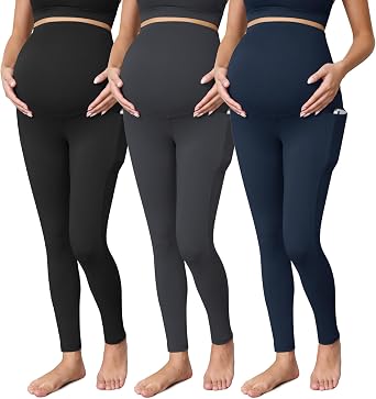 Buttergene 3 Pack Womens Maternity Leggings with Pockets Over The Belly Maternity Yoga Pants Pregnancy Leggings