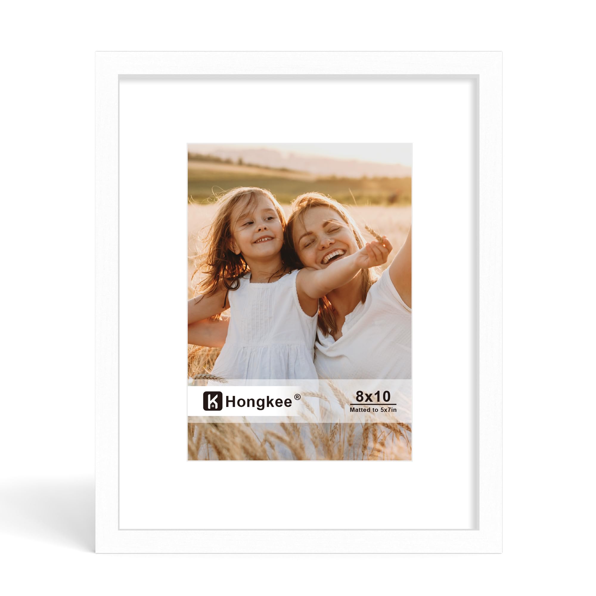 Photo 1 of Hongkee 8x10 Picture Frame, Made of Solid Wood with Real Glass, Display Pictures 5x7 with Mat or 8 x 10 without Mat - Wall and Tabletop (White, 1 Pack)