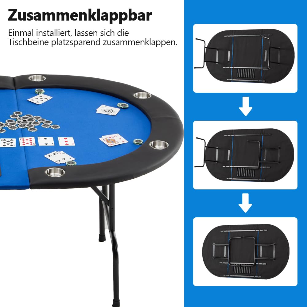 Mingone Oval Pokertisch Klappbar 208x106 cm mit Getränkehalter aus Edelstahl, gepolsterte Armauflage blau