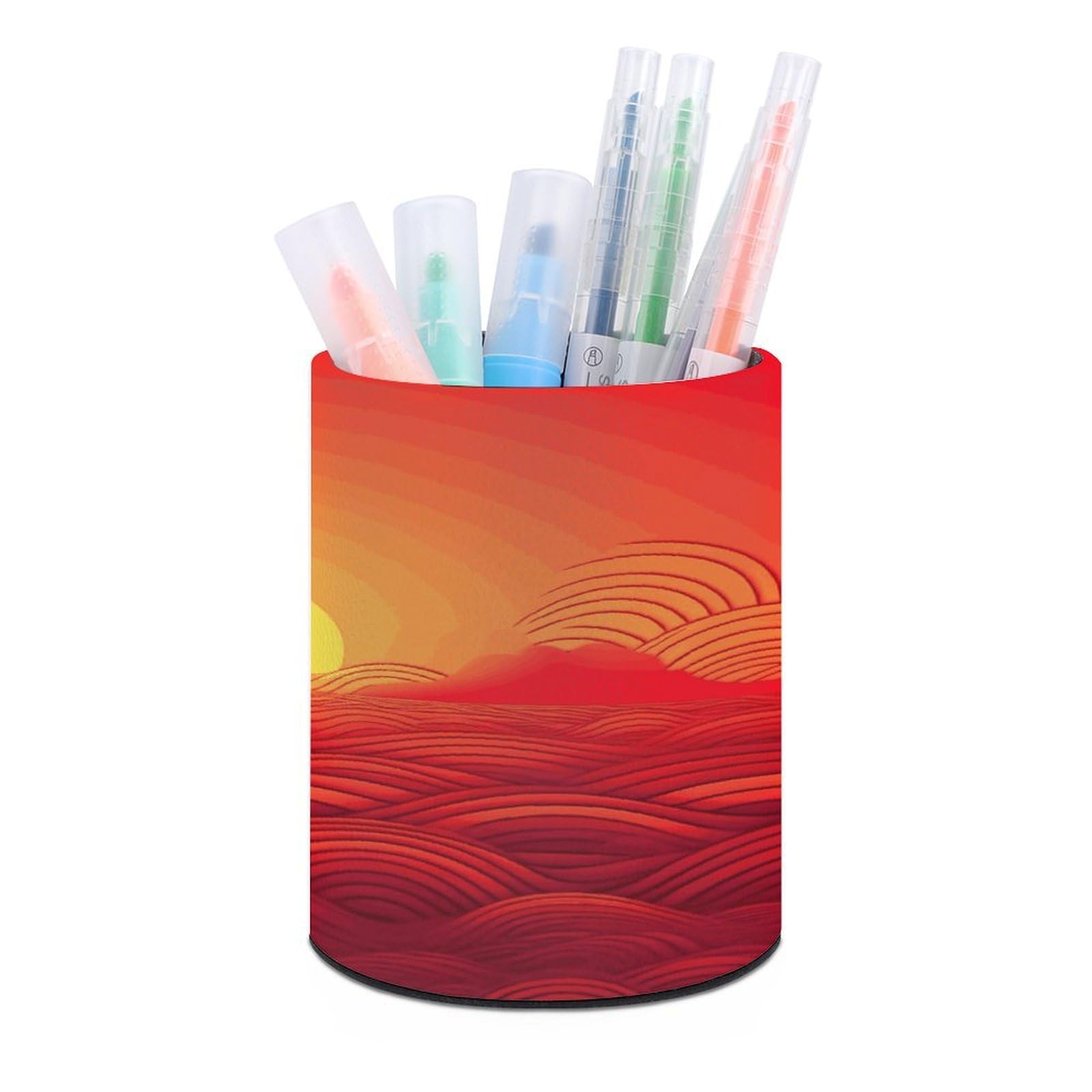 JTREHY Red Sunrise Pen Holder Round Pen Pencil Holder Makeup Brush Holder Cup PU Leather Pencil Cup Desktop Caddy Stationery Organizer Case Office Accessories Container Box