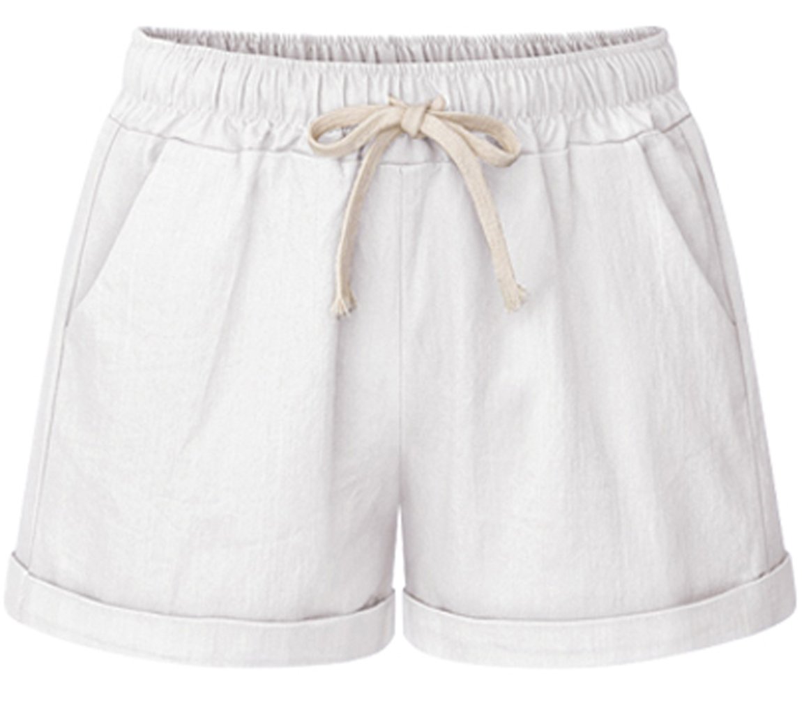 HOW'ON Women's Elastic Waist Casual Comfy Cotton Beach Shorts with Drawstring