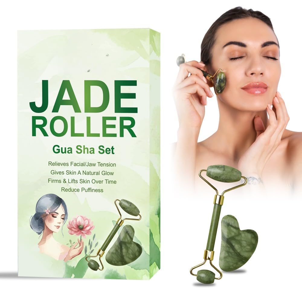 Jade Roller & Gua Sha Set Face Roller Anti-Aging Facial Roller Natural Green Jade Beauty Massager Tool Skin Care Tool for Face Neck Eye to Reduce Wrinkles Airtight-image-20