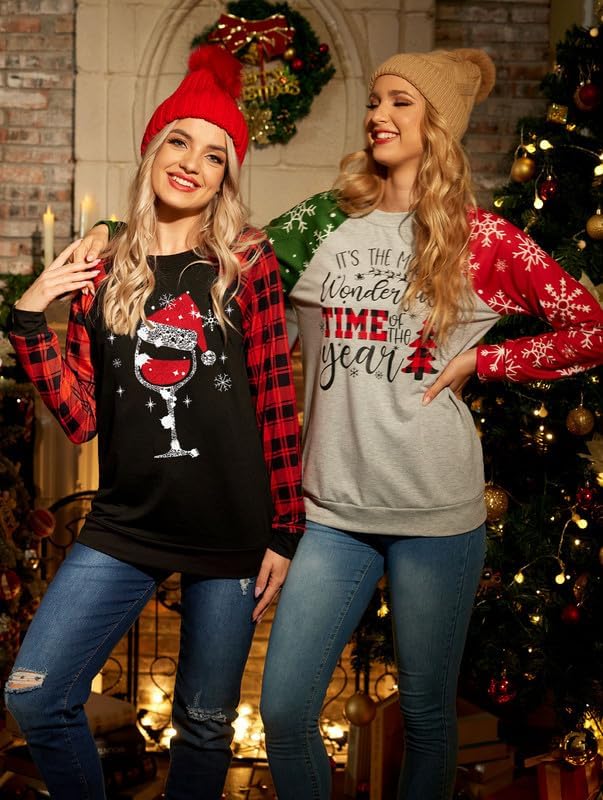 For G and PL Christmas Women's Holiday Graphic Raglan Long Sleeve Letter Print Shirt Ugly Xmas Sweatshirt Buffalo Plaid Snowflake Wine Glass M