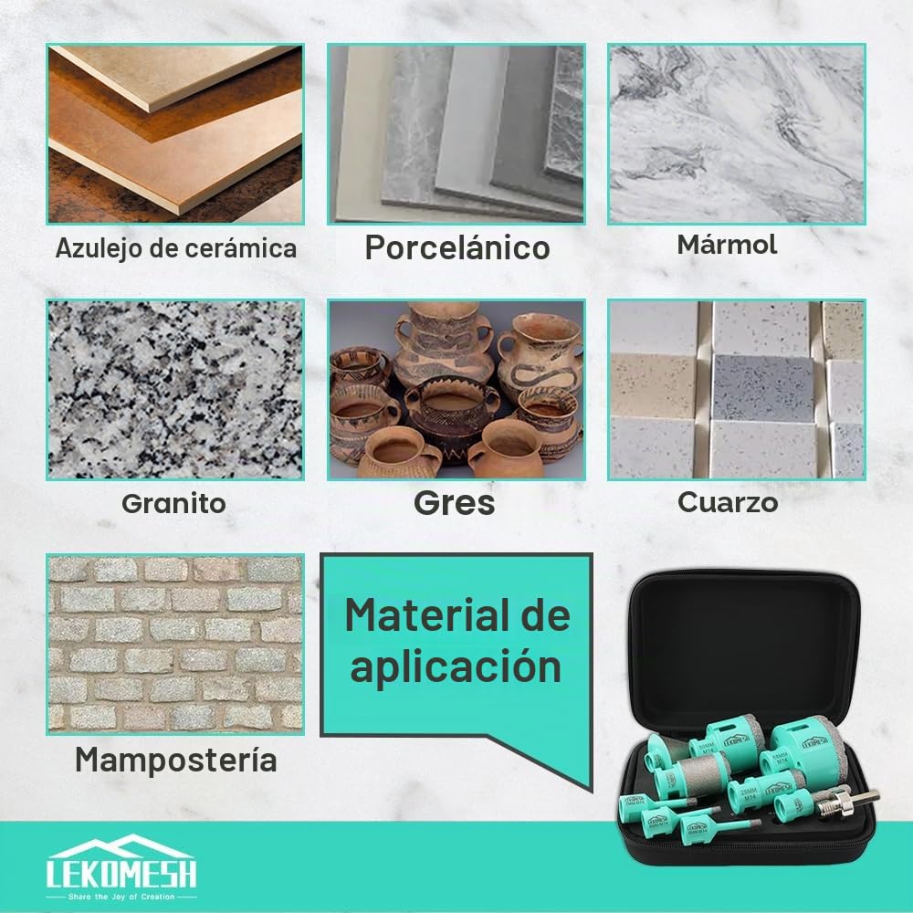 Brocas Coronas para Porcelanico - 10piezas (6/6/8/20/35/50/68mm+10mm Fresa Diamante+35mm Fresa Diamante+50mm Broca Fresado Chaflán+Adaptador) para Porcelánico Cerámica