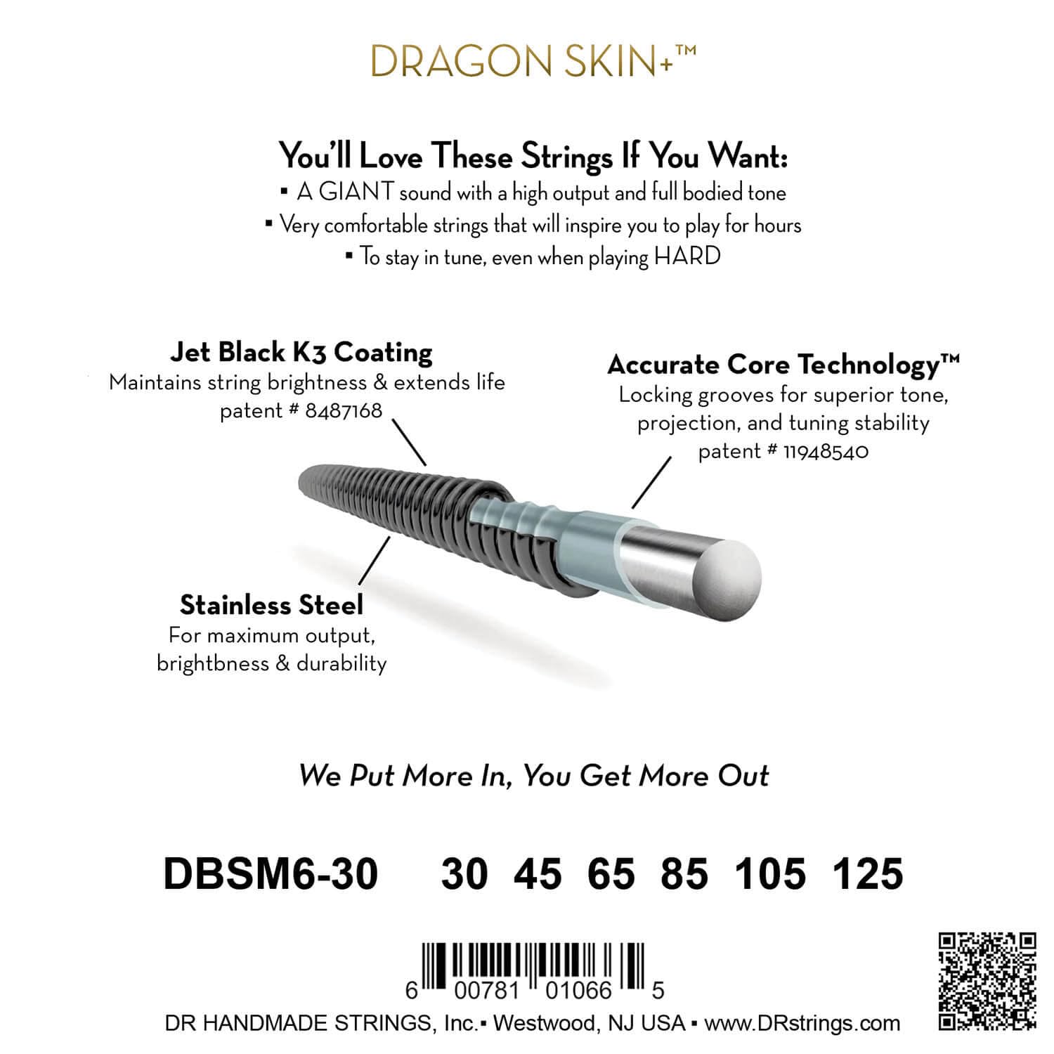 DR Black Dragon struny basowe – 6-strunowe, średnie 30-125, powlekane czarnym