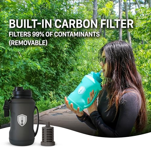 Collapsible Water Bottle for Traveling, Workout or Hiking 64oz Gen 2.0 - Motivational Water Bottle with Time Markings - Half Gallon / 2 L Capacity - BPA Free & Dishwasher Safe (Modern Black + Filter) - Image 6