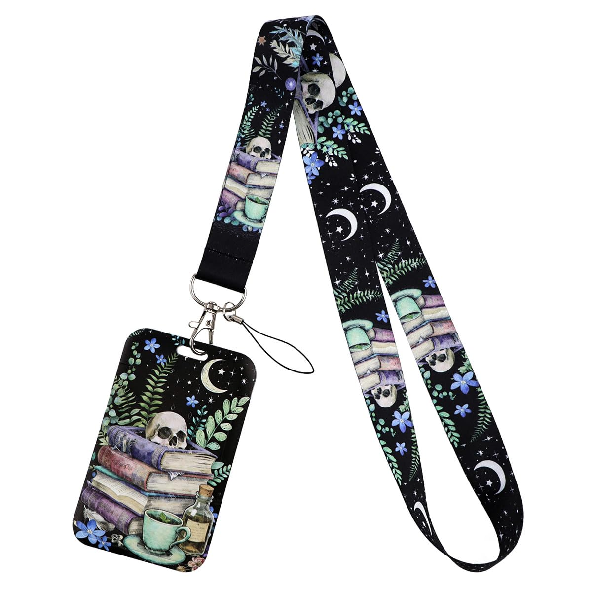 Juanooo Cool Skull & Books ID Lanyard with Card Holder Star & Moon Neck Lanyard ID Holder for Keys ID Badges Name Tag for Men Women Kids Teens Teachers Nurses Goth Work ID Badge Holder
