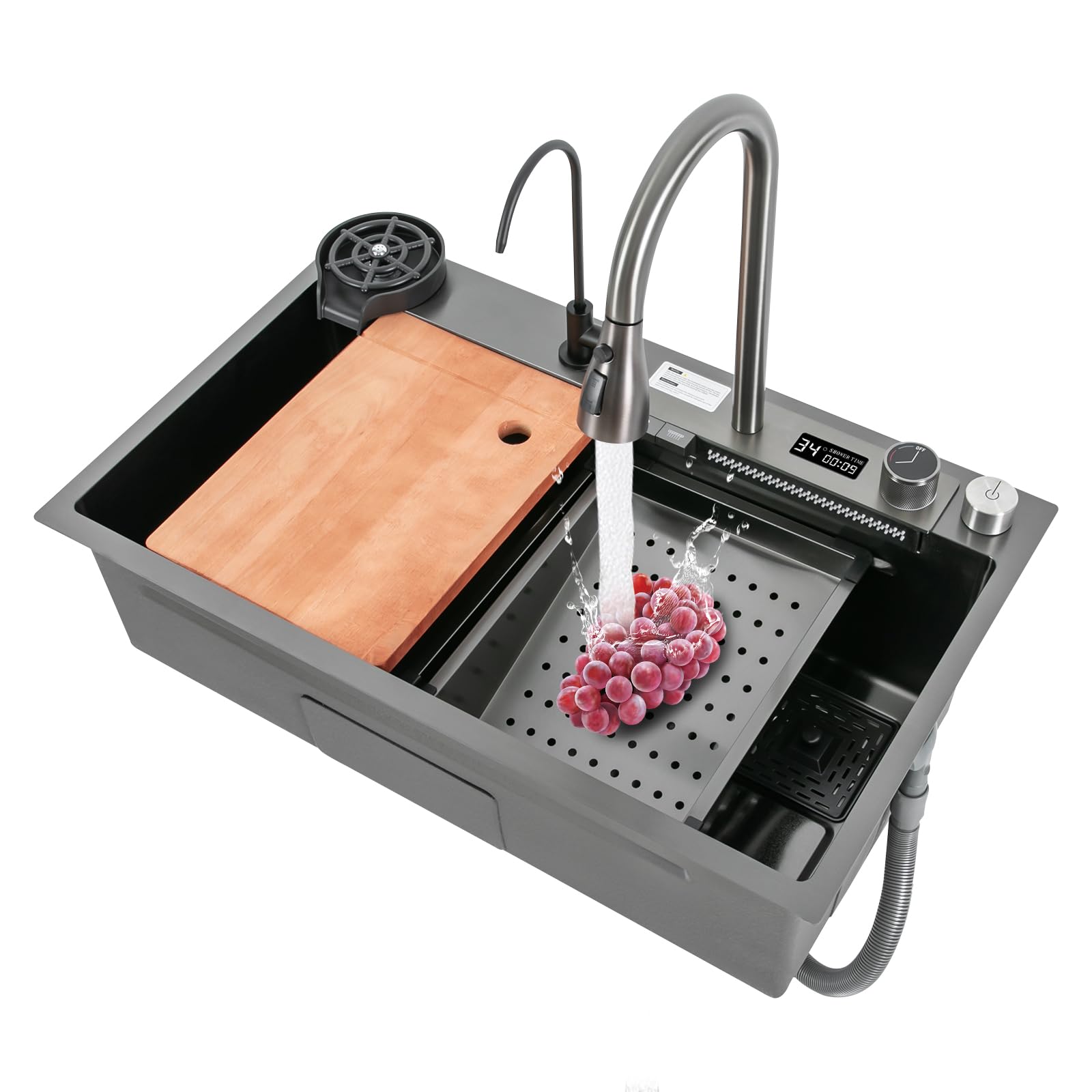 Fregadero de cocina con cascada, acero inoxidable con indicador de temperatura, grifo extensible, sifón, rebosadero y desagüe, moderno fregadero empotrable para cocina