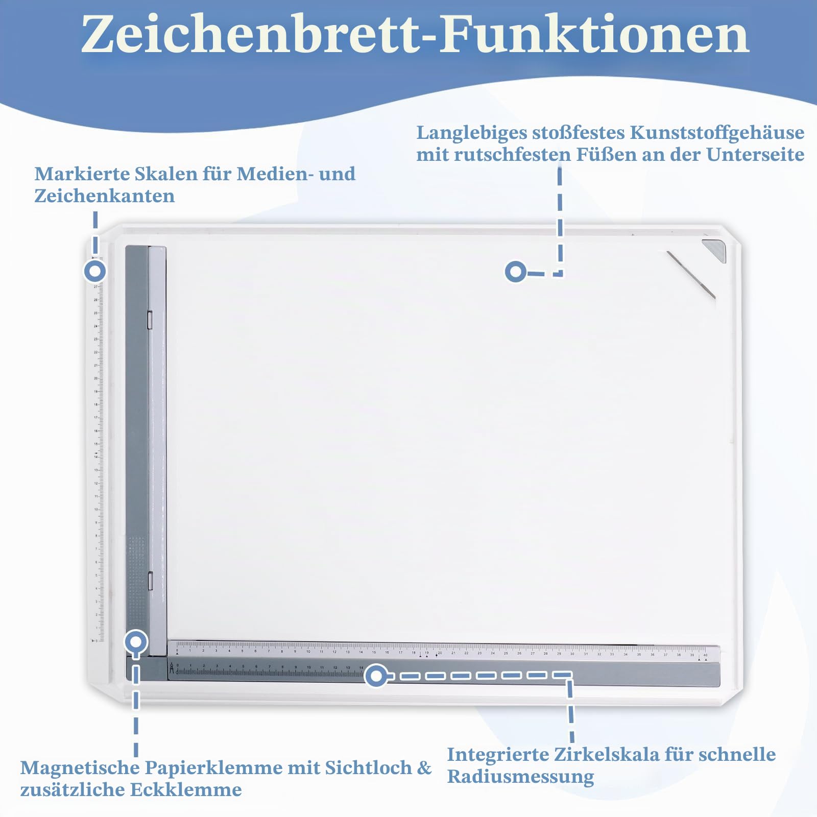 Zeichenbrett 51 x 37 cm, Zeichenplatte DIN A3, Multifunktionales Technisches Zeichnen mit Parallelbewegung und Verstellbarem Winkel, Zubehör für Architekten Ingenieure Lehrer Inklusive Tragetasche