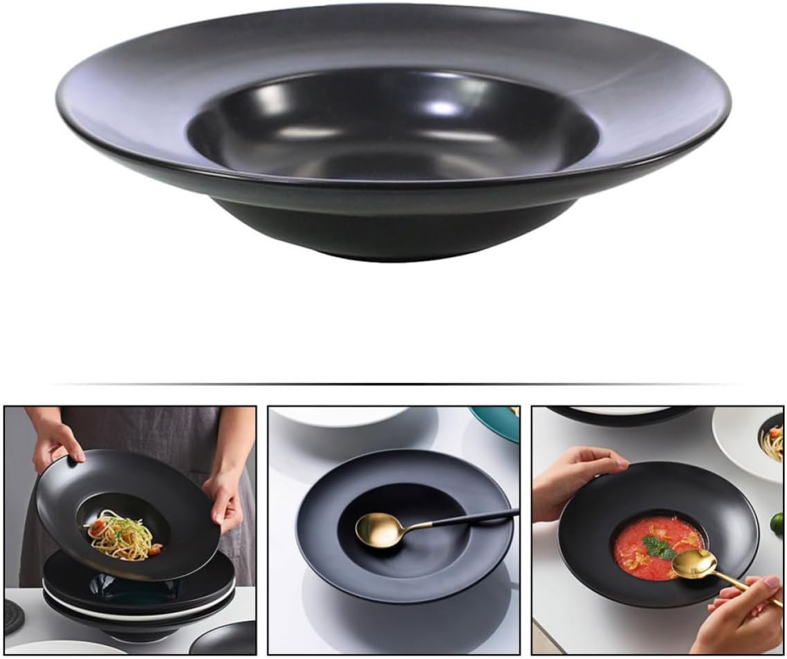 Ceramic Pasta Plate Multi-use Black Kitchen Plate with Smooth round Edge Reusable Food Bowl with Delicate Simple Color and Good Appearance for Camping and Dinner