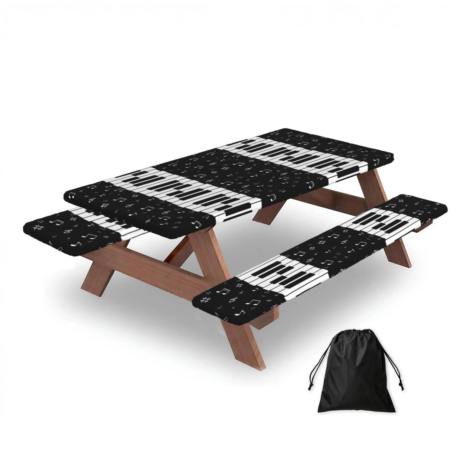 Dopklna As Picture Music Note Piano, Picnic Table Cover With Bench Covers -Waterproof Elastic Fitted Tablecloth For Garden Camping Patio 76X152cm