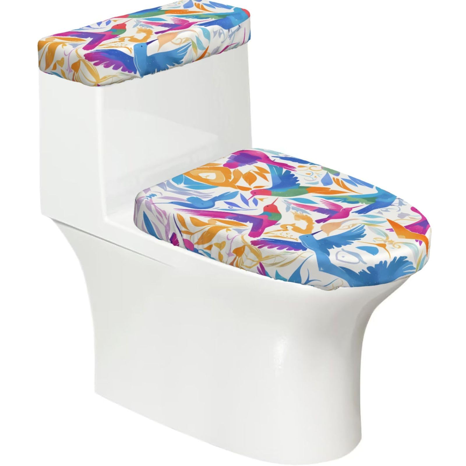 Wzycwb Black A Flock Of Colorful Birds 2-Piece Toilet Seat Cover Set With Tank Lid, Elastic Fit For U-Shape & Elongated Toilets, Bathroom Decor, Housewarming Gift