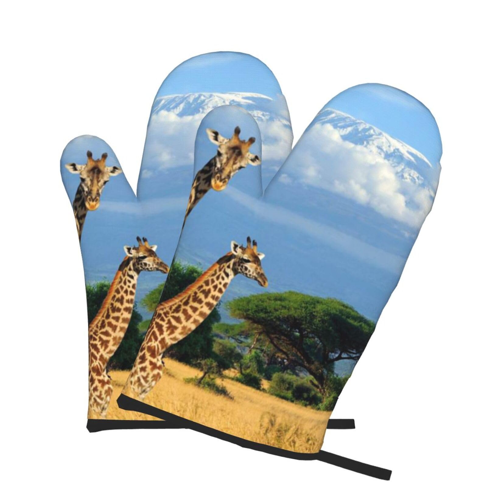Oven Mitts Set of 2 Pcs, Three giraffes Prints Heat Resistant Kitchen Gloves for Cooking Baking Grilling
