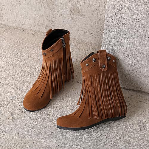 Women'S Suede Hidden Wedge Tassel Ankle Boots Fashion Round Toe Side Zipper Slip-On Flat Mocassion Ankle Boots Casual Vintage Western Western Cowgirl Boots4