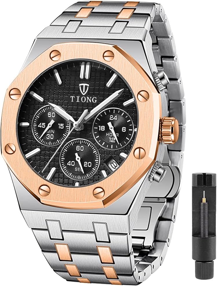Tiong Mens Watches Chronograph Stainless Steel Waterproof Date Analog Quartz Watch Business Casual Fashion Wrist Watches for Men