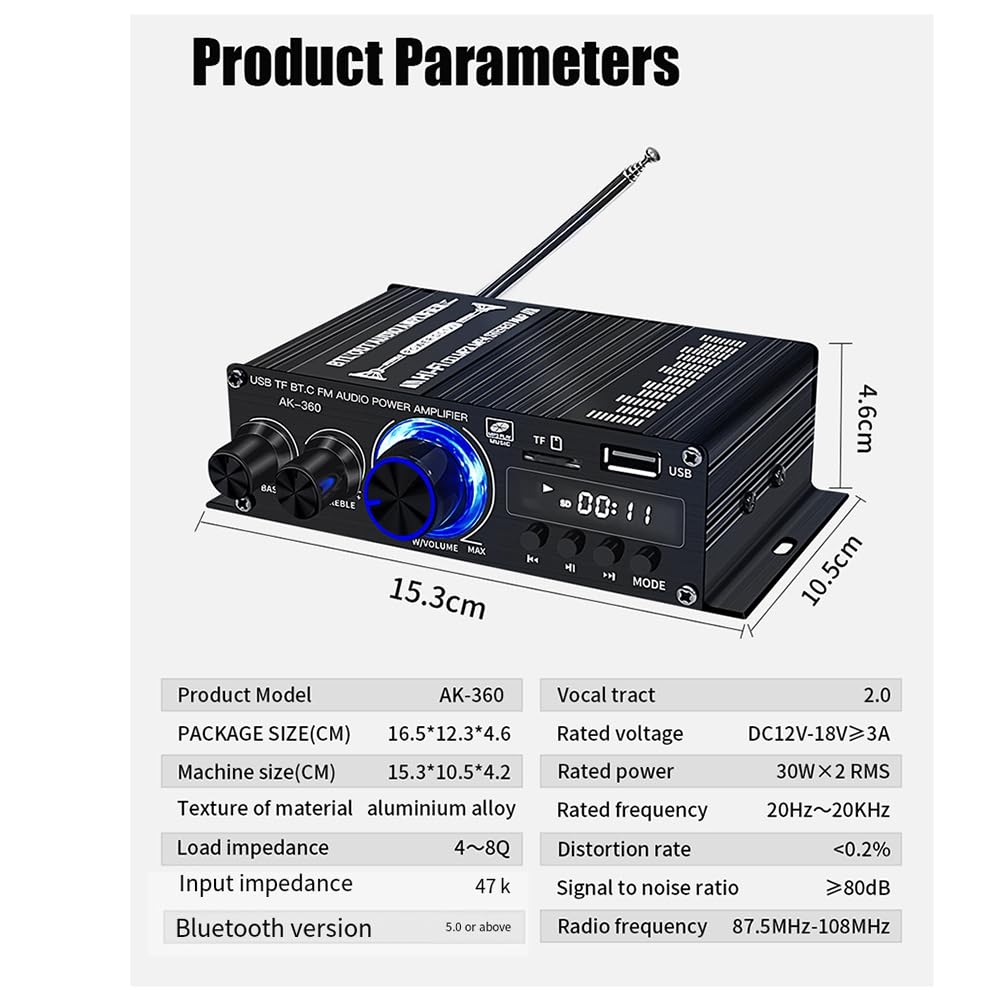 Amplificador Estéreo AK360 para el Hogar y el Coche, Amplificador de Radio con Reproducción Sin Pérdidas USB, Amplificador de Sonido HiFi Bluetooth 5,0