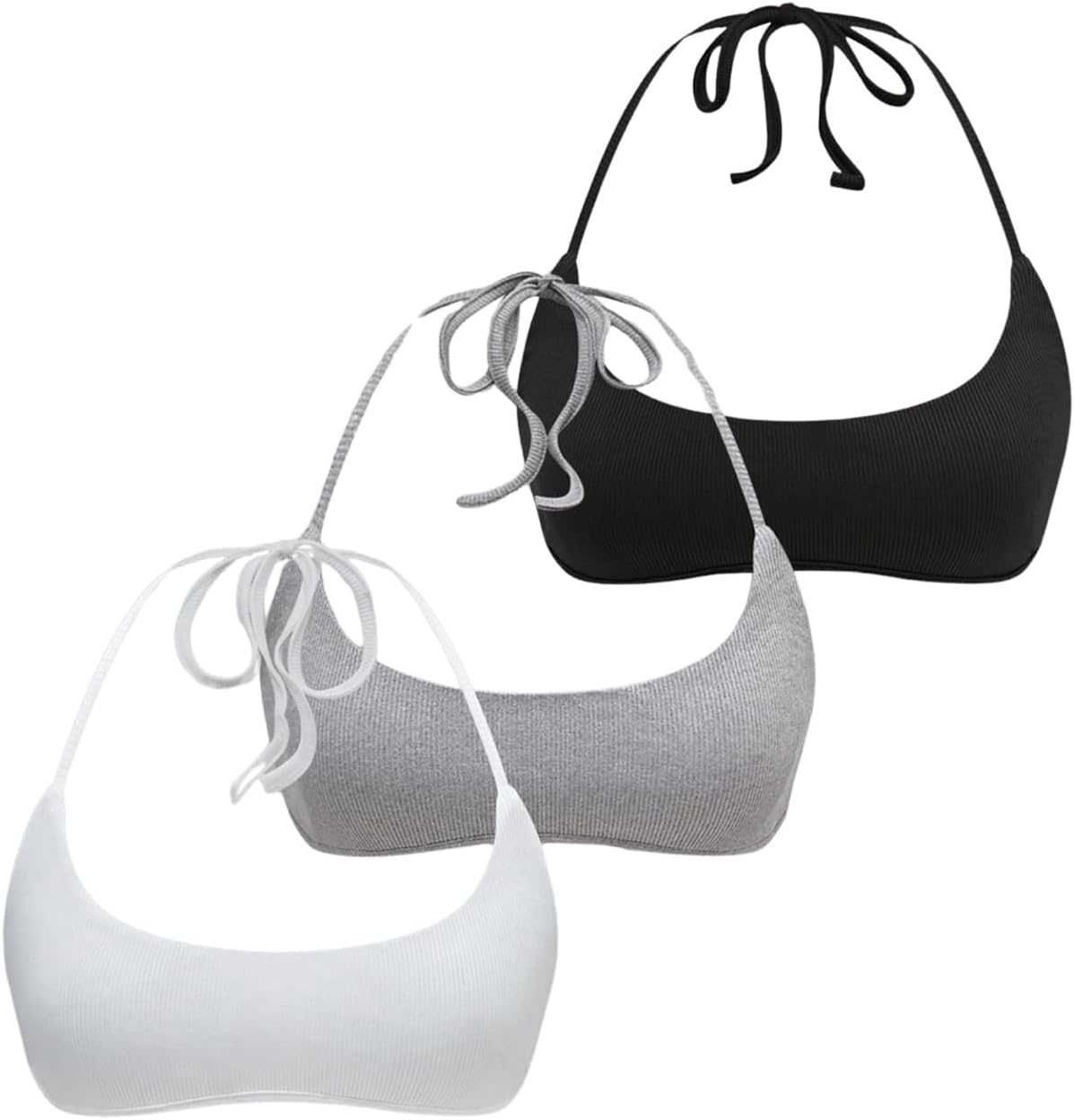 GORGLITTER Women's 3 Piece Sexy Super Crop Top Tie Back Sleeveless Rave Going Out Halter Tops Medium Black White Grey