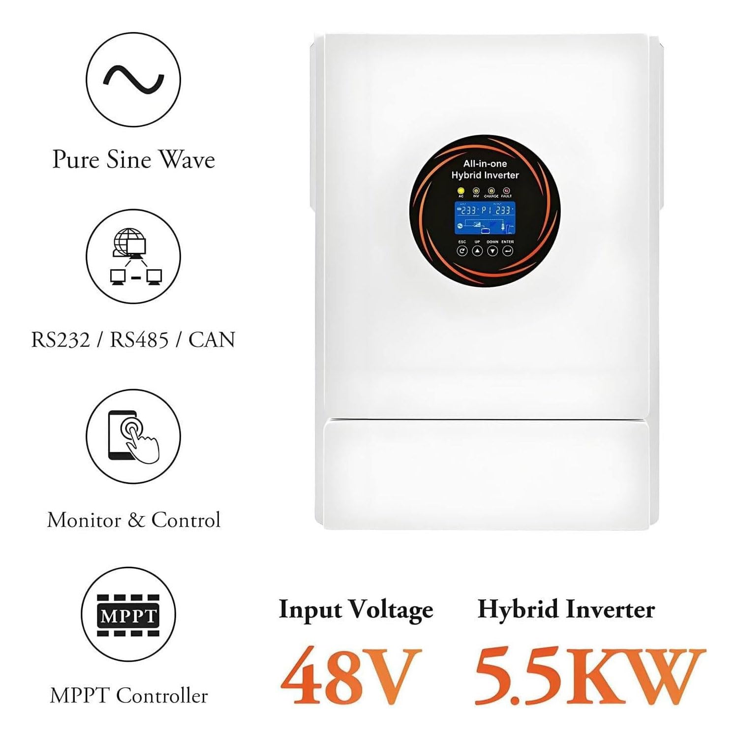 Inversor Híbrido Solar Todo En Uno De 5,5 KW, De 48 V a 220 V-240 V, para Uso Fuera De La Red, con Controlador De Carga MPPT De 120 A Integrado Y Regulador Inteligente con Pantalla LCD