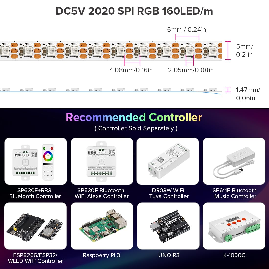 BTF-LIGHTING SMD2020 RGB IC Adressable Individuellement Bande LED DC5V 5M 160LEDs/m 5mm de largeur Ruban LED Flexible Couleur de Rêve Fine Corde IP30 Non-étanche pour Décoration DIY (Bande uniquement)