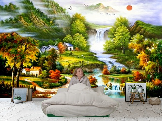 Mystic Walls MWZ2776 Sun Birds Trees House Orange Leaves Flowers