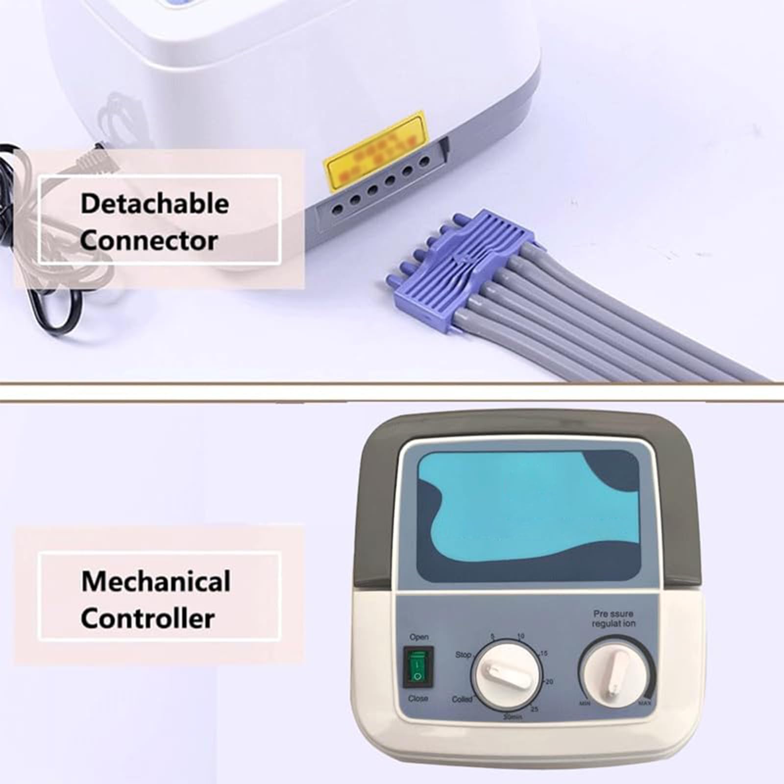 Massaggiatore sequenziale per gambe a compressione d’aria – 6 camere d’aria – pressione 30 kPa – timer 0–30 min – 2 manicotti per gambe, Grigio