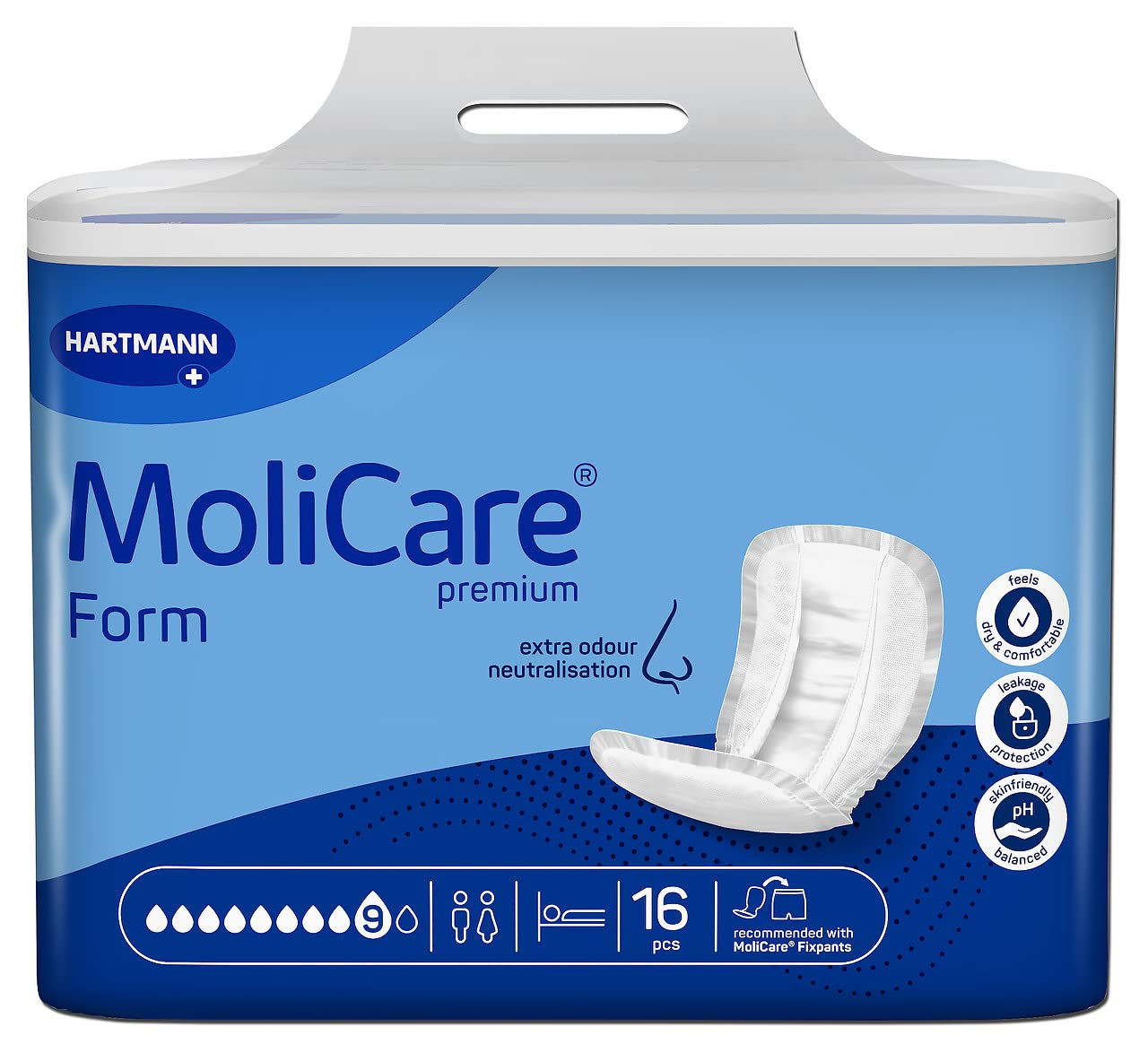 MoliCarePremium Form 9 Drops, for Heaviest Incontinence: Maximum Safety, Extra Leak Protection and Discretion for Women and Men, 4 x 16 Pieces