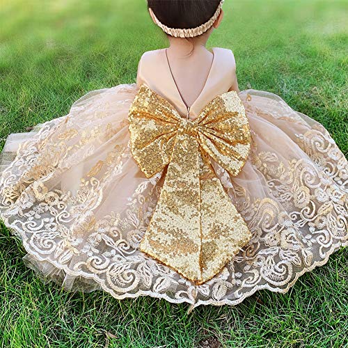 Lace Flower Girls Sequins Bowknot V-Back Tutu Dress For Kids Baby Christening Baptism Communion Birthday Party Dress Toddler Princess Pageant Wedding Bridesmaid Gown With Headwear 001 Gold 3-4 Years #TOP2