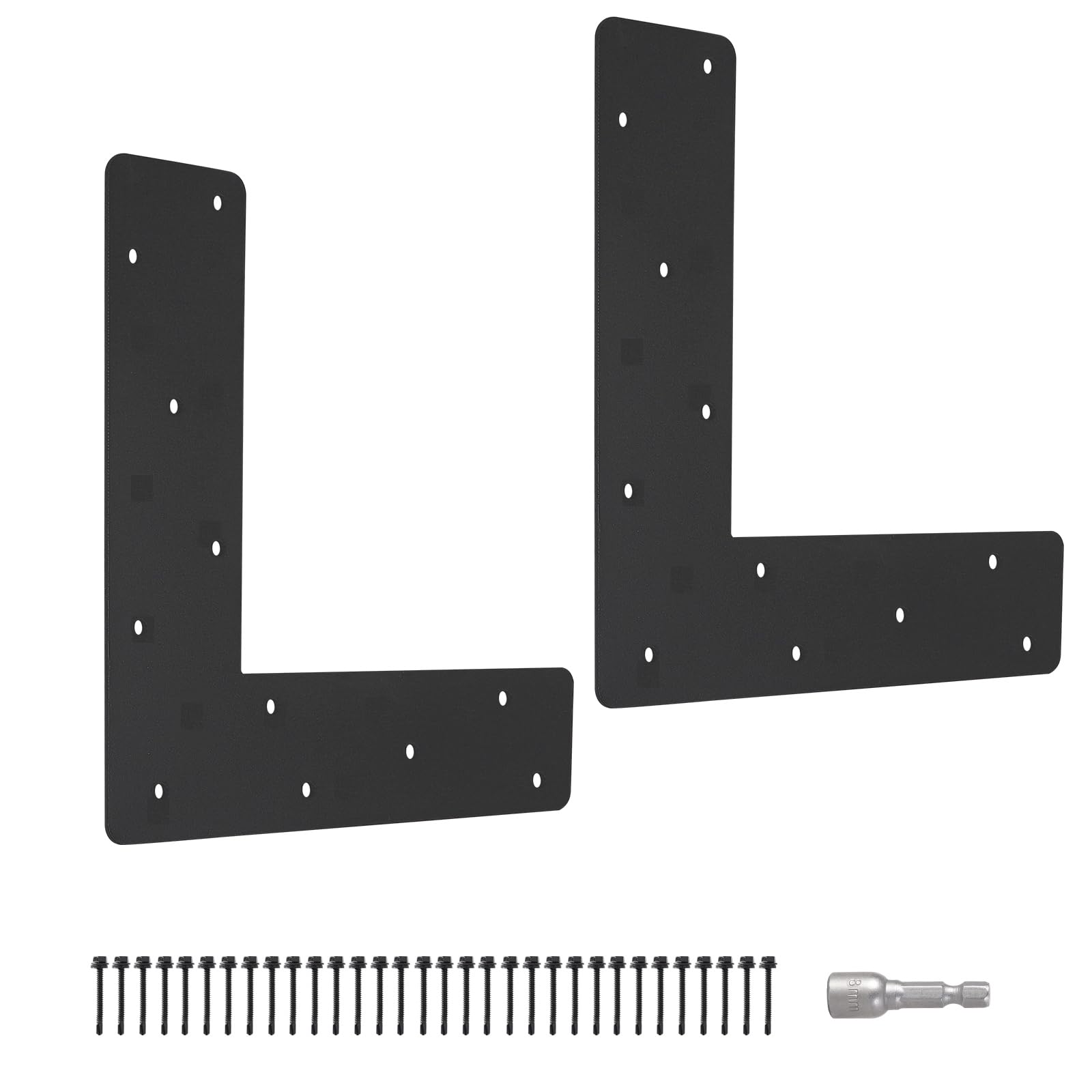 2 Pcs L Shape Flat Bracket. 12"x12" Mending Plate with Black Powder-Coated Right Angle Brackets, Corner Bracket, L Shape Plate Fit 4x4,6x6 for Repair House,Furniture,Pavilion,Truss framing
