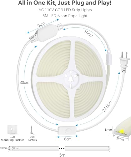 Miniatura 5 de ALITOVE Tira de luces LED de 110 V, 120 V, impermeable, 16.4 pies, estilo COB, súper brillante, tira de luces LED blancas de 6000 K CRI90+ para